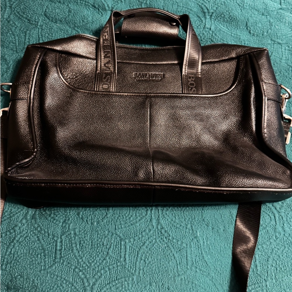 Black Leather Briefcase with Sturdy Handles and Shoulder Strap